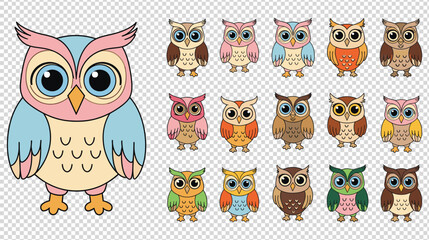 A collection of colorful and cute cartoon owls illustrated © GW