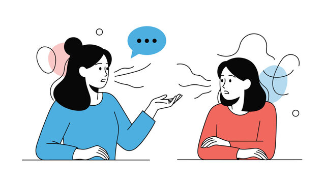 Woman expressing discomfort about another woman's bad breath during a conversation while sitting together at a table.