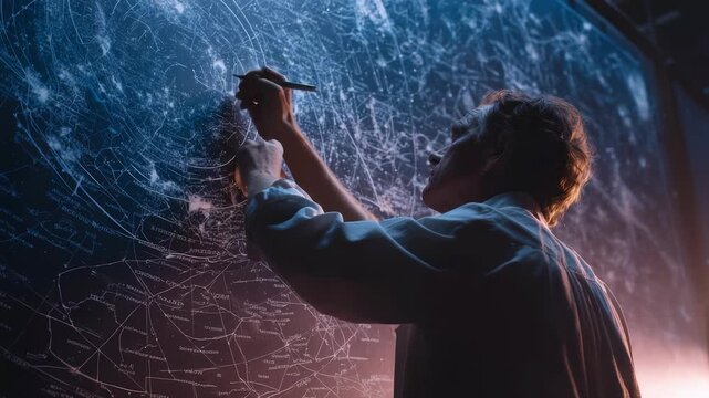 A scientist meticulously draws constellations and celestial patterns on a large blackboard in a dimly lit observatory. The scene captures the essence of astronomy and cosmic exploration
