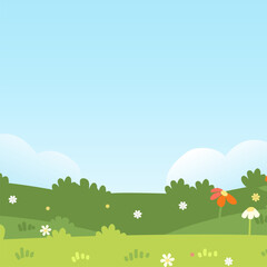 Serene landscape with rolling green hills and vibrant flowers under a clear blue sky