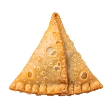Two golden fried samosas with bubbly texture isolated on a transparent background