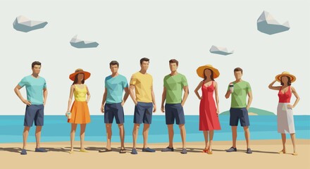 Fototapeta premium Group of diverse people, men and women, stand on a beach against a blue sea and sky, in a low polygon style, creating a modern, geometric, summery, and relaxed atmosphere.