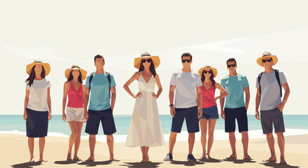 Fototapeta premium A group of seven friends enjoy their vacation as they stand on the beach; all are facing forward, wearing casual clothing, and hats and sunglasses.
