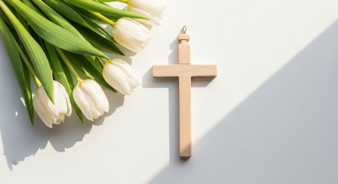 Easter cross and tulips symbolizing resurrection and renewal on easter sunday morning
