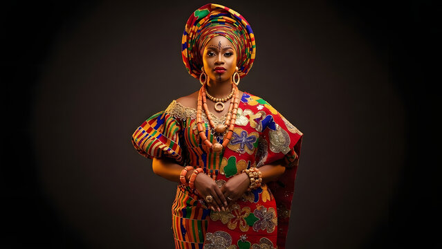 Portrait of a Nigerian Bride in Traditional Kente Pattern Wedding Dress with Matching G&eacute;l&eacute; Headwrap and Gold and Coral Jewelry Set