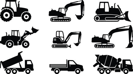 Set of construction vehicle silhouettes including excavator, bulldozer, tractor and trucks arranged in grid, black vector heavy equipment icons isolated on gray background © Shahariar's World