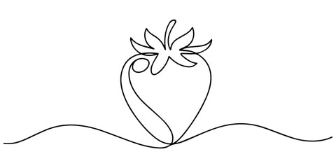 Strawberries continuous one line drawing minimalist style vector illustration, Strawberry in one line art style. Drawing of a ripe berry with leaves, made by a continuous line with editable black pro. © Gerish