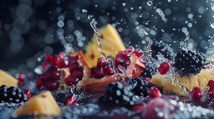 Dynamic High-Speed Macro Splash of Fresh Pomegranate Seeds, Juicy Blackberries, and Sliced Pineapple Chunks in Clear Water with Vibrant Droplets and Bokeh Background for Food Marketing
