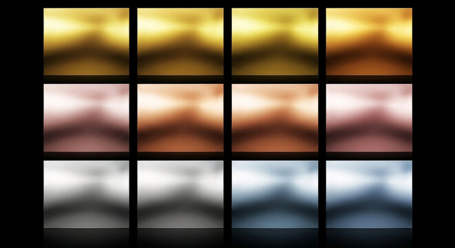 Metallic gradients featuring gold, bronze, copper, rose gold, silver, and platinum shiny textures in a grid pattern