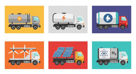 Diverse collection of eco-friendly trucks showcasing sustainable energy solutions for future transportation.
