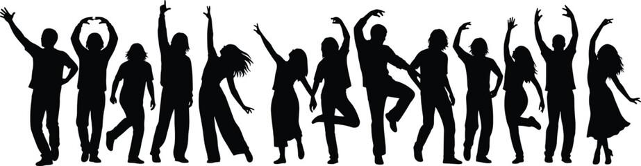 Black silhouettes of people dancing and celebrating together isolated on white background expressing happiness, freedom, music, lifestyle and energetic movement