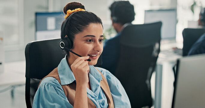Call center, happy or woman in office with headset, contact us or communication in customer service. Smile, coworking or consultant in agency with tech, advisory or telecom in client assistance.