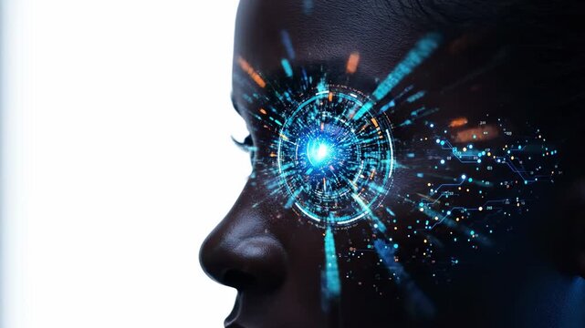 Future Vision. Close-up profile of a Black woman with glowing blue HUD data projected on her face, symbolizing AI and augmented reality technology.