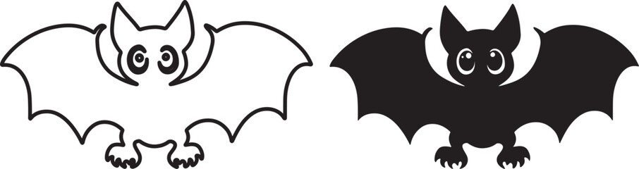 Cute cartoon bat with expressive face and bat wings spread out silhouette vector