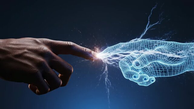 Bridging the digital divide. Realistic human hand reaching out to touch a glowing blue AI wireframe hand, symbolizing innovation and future technology.