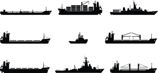 Cargo tanker and naval warship silhouettes collection with container ship crane vessel patrol boat black vector maritime transport set isolated © Hello World
