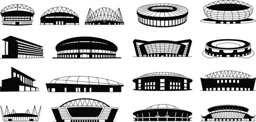 Stadium silhouette vector, sports arena illustration, architectural building icon, dome structure art, event venue design, modern stadium collection set © Creatives World