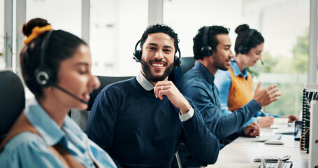 Portrait, man and headset with smile in call center for customer service, assistance and help desk....