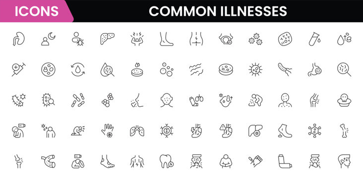 Common Illnesses line icons set. Common Illnesses outline icons with editable stroke collection. These Includes Breast Cancer, Depression, Brain Tumor, Allergy, Diabetes, and More.