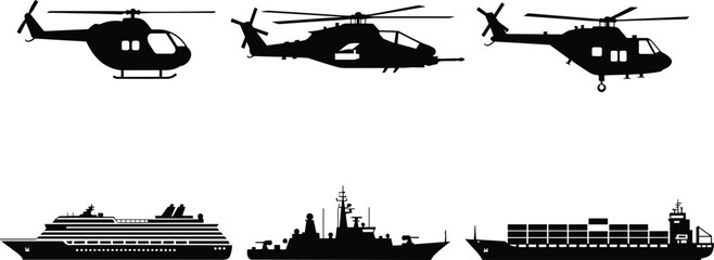 Helicopter and ship silhouettes collection featuring military chopper cruise liner destroyer and container cargo vessel black vector isolated set © Hello World
