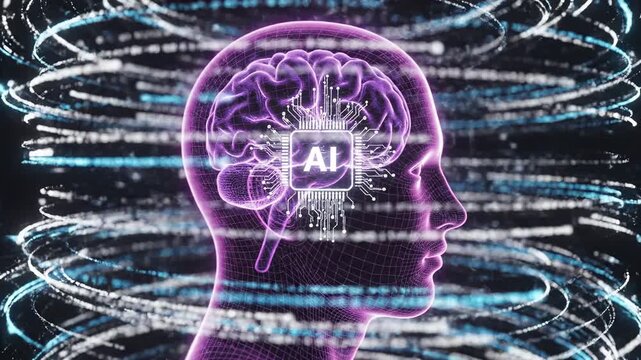 Revolutionary AI concept showing a glowing purple wireframe head and brain with a central processing chip. Use for technology and data visualization.