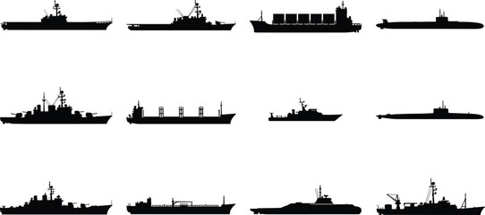 Military and naval ship silhouettes set featuring destroyer submarine aircraft carrier frigate patrol boat cargo vessel black vector isolated collection © Hello World