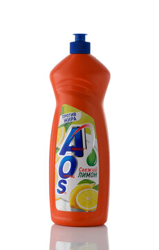 01.30.2026 Tbilisi, Georgia AOS Fresh Lemon dishwashing liquid bottle, isolated on white background