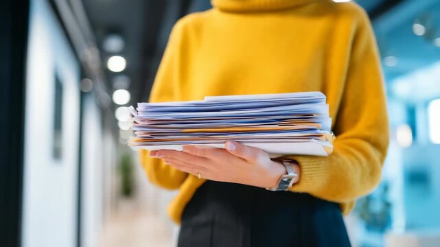 A person in a yellow sweater holds a large stack of documents in a modern office hallway, symbolizing busy work life. The image captures productivity and organization in a corporate environment