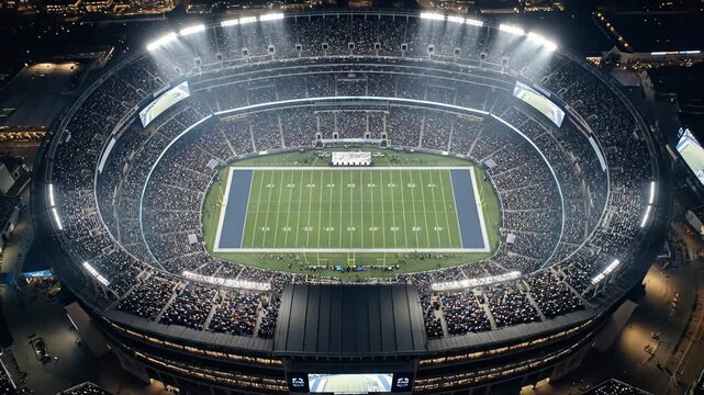 Massive modern american football stadium lit by floodlights at night, aerial view showing packed stands, vibrant green turf and thousands of fans during a championship game