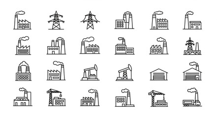 Collection of industrial factory buildings and power transmission towers in line art style. © emo