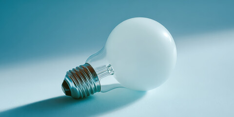 A detailed close up image of a glowing white light bulb resting on a smooth pastel blue surface, showcasing its design and illumination.