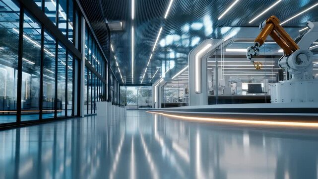 Futuristic smart factory interior with advanced robotic arm operating in a high tech automated production environment. Modern glass walls and LED lighting create a sleek industrial workspace