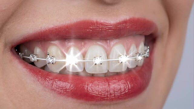 Perfect female smile with fashion and stylish metal braces with diamonds sparkling in the light. Orthodontic treatment and dental care concept for a healthy, beautiful smile