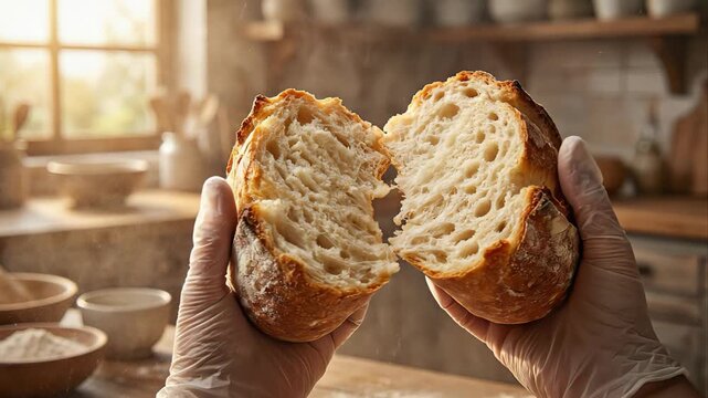 Close up of a baker's hands in gloves breaking a fresh, hot loaf of crusty sourdough bread in a rustic kitchen, with steam and flour dust rising against a warm, sunlit background