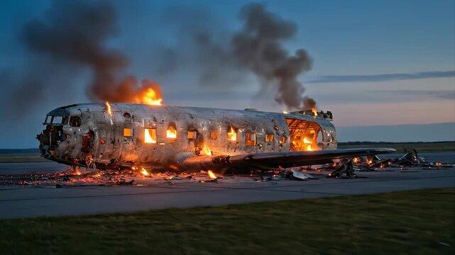 Dramatic scene of a destroyed airplane engulfed in flames and smoke on an airfield runway at dusk. Intense fire burns through the fuselage of the crashed aircraft, representing a major disaster