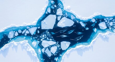 Aerial Drone View Narwhal Pod Breaking Through Tactile Sea Ice