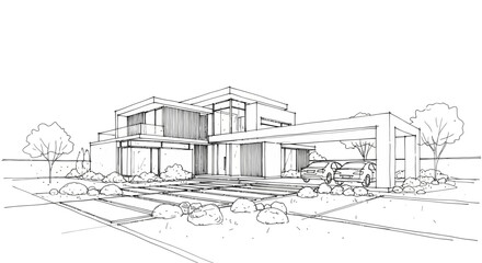 Fototapeta premium Architectural line drawing of a modern two-story house with a carport and landscaped garden elements.