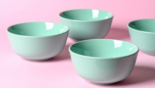 Set of four mint green ceramic bowls on pink background