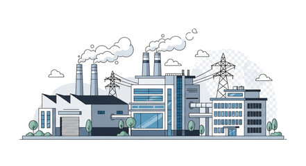 Industrial complex illustration depicting factories and power plants with smoke emissions.
