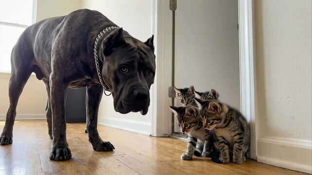 Gentle giant cane corso dog standing on a wooden floor, carefully approaching and looking down at a group of three small, curious tabby kittens sitting together in a doorway at home