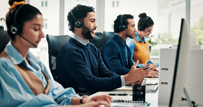 Call center, computer and man with advice, help desk an communication with coworking. Employees, consultation and people with pc, headset and contact us with billing inquiry, crm and customer support