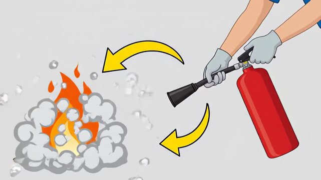 Animated illustration showing the correct technique for using a fire extinguisher, sweeping the nozzle from side to side to effectively suppress and extinguish flames in an emergency situation