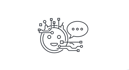 Obraz premium Outline icon representing a smiling artificial intelligence chatbot interface communicating with a stylized speech bubble graphic.
