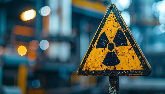 Triangular hazard sign with nuclear symbol, blurred industrial backdrop, dangerous warning concept.