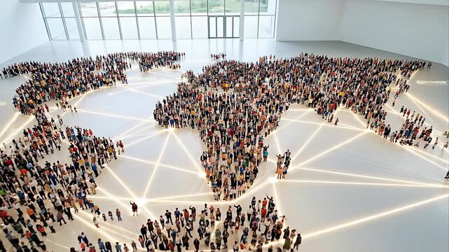 Vast Human Population Assembled in a World Map Formation Displaying Global Connectivity and Interdependence in a Bright Modern Exhibition Hall with