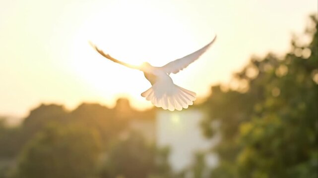 A White Dove Takes Flight From an Open Hand Against a Golden Sunset Sky with Blurred Green Trees Background Gentle Sunlight Illumination Symbolizing