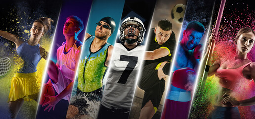 Dynamic sports collage with athletes from different disciplines. Concept of competitive spirit, strength, endurance and modern athletic performance across multiple professional sports.