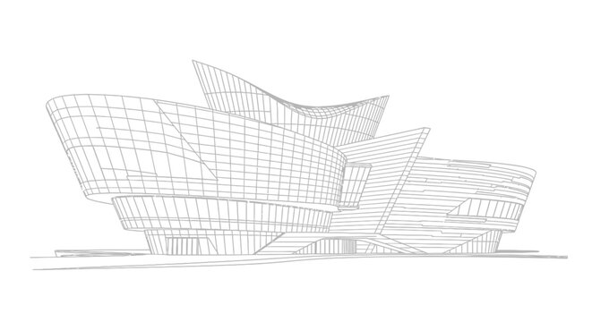 Architectural wireframe drawing of a modern, curvilinear building with multiple glass facades and a distinctive roofline.