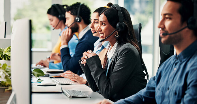 Virtual assistant, people and woman with technology in call center, customer support and communication. Troubleshooting, online advice and help desk agent consulting with client, headset and computer