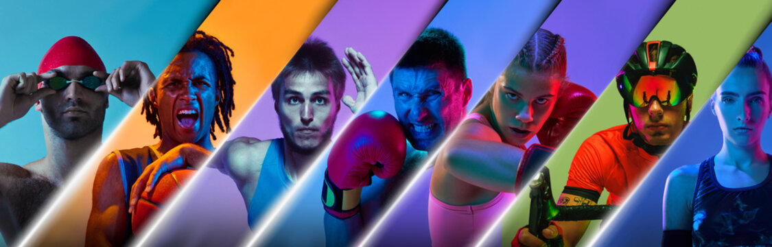 Colorful sports composition with diverse athletes under dramatic lighting. Concept of strength, inclusivity in sport culture, professional ambition and global athletic performance.